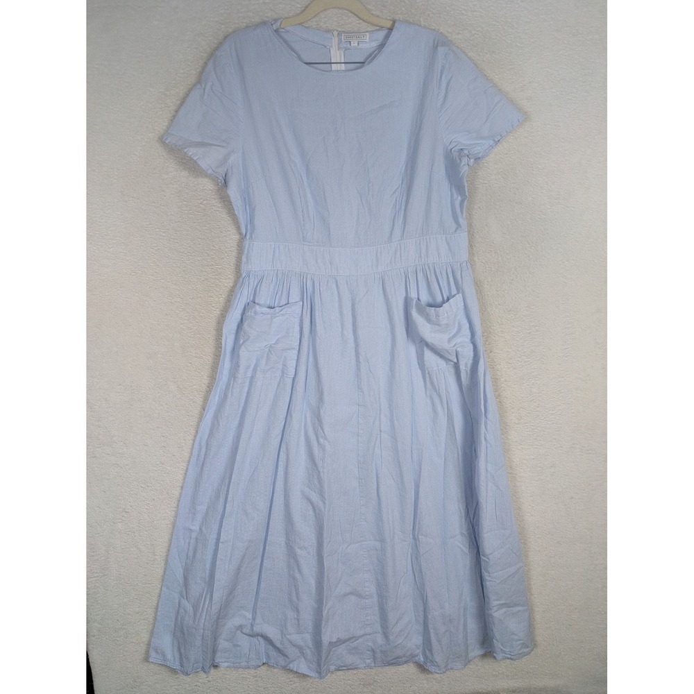 SweetSalt Midi Dress Women's Large Blue Seersucker Striped Short Sleeve Pockets